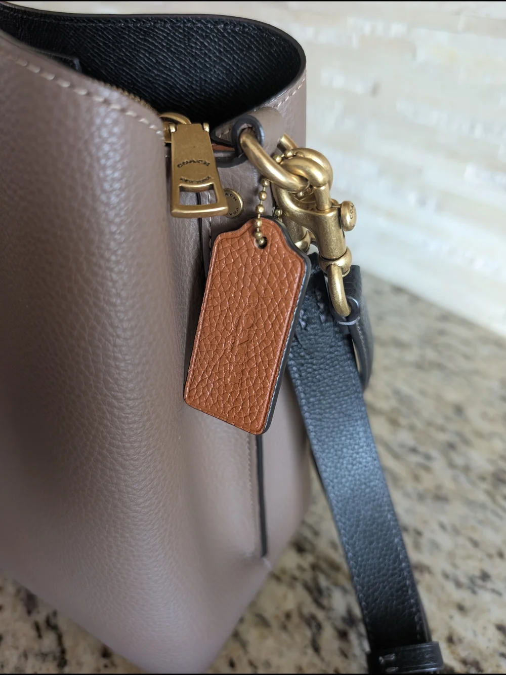 Coach Pebbled Leather Willow Bucket Bag in Dark Stone (Taupe) with Black Straps